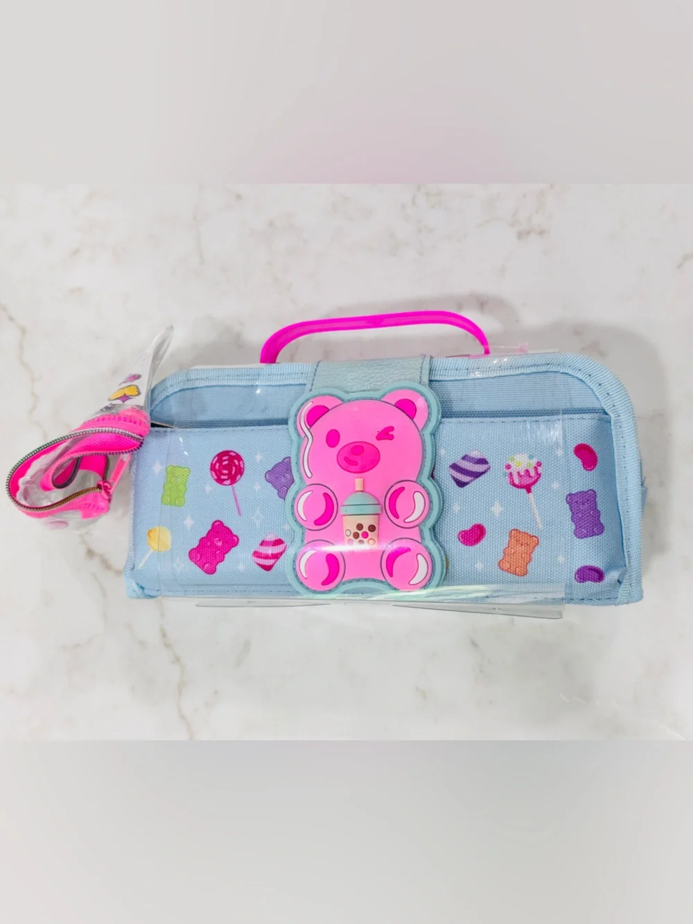 Kids Pink & Light Blue Candy Bear Pencil Case - Cute Carry Handle